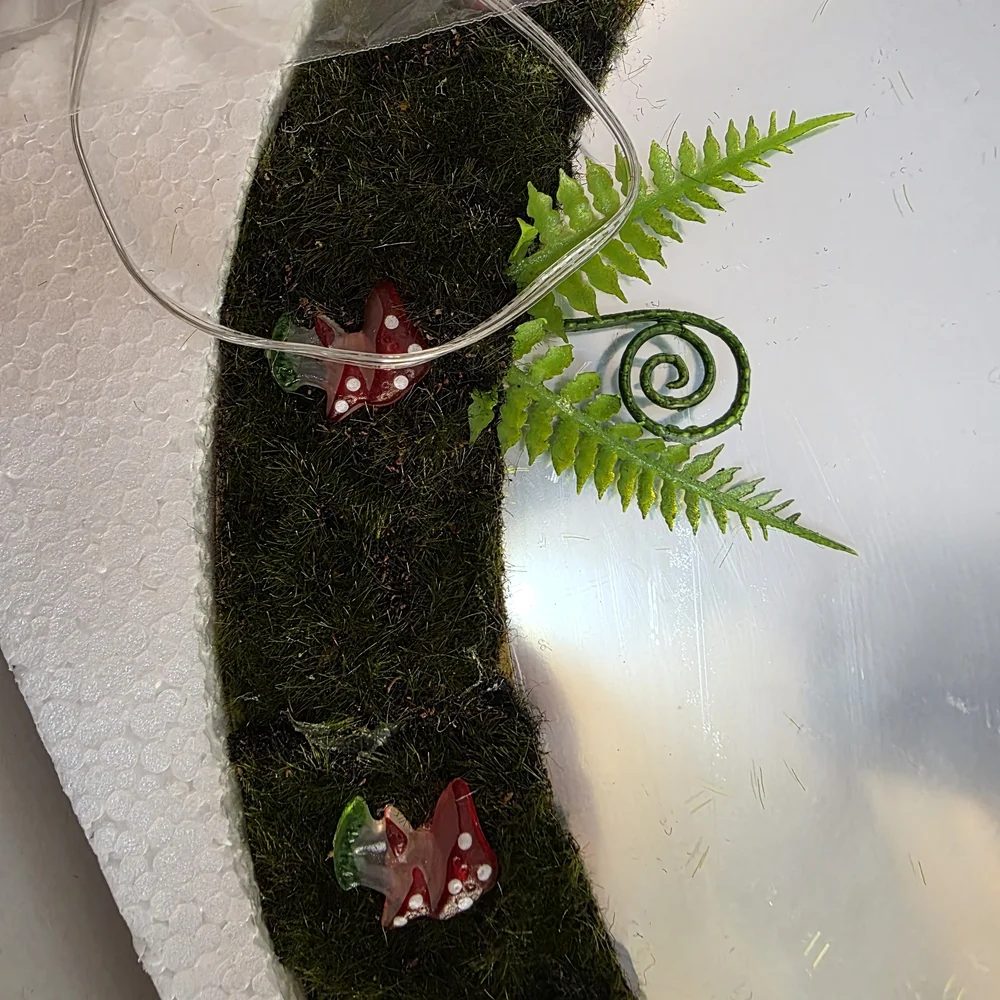 Green Floral With Red Mushrooms That Light Up Wall Mirror